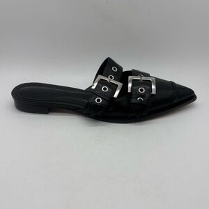 Schutz Penny Leather Flats Mule Black Moto Buckles Women’s Sz 6.5 Pointed Toe